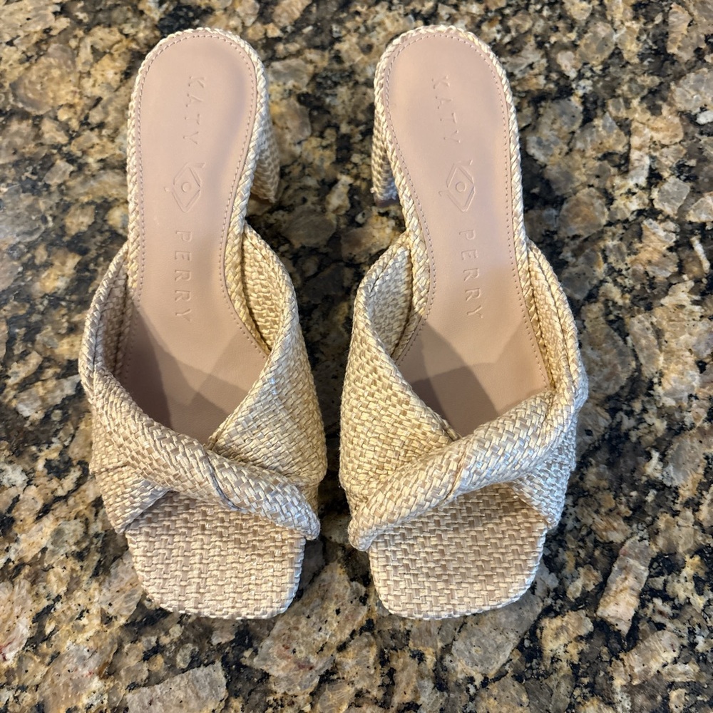 Katy Perry Tooliped twisted block raffia heel sandals Woven Block Heel Slide NEW - Picture 4 of 8